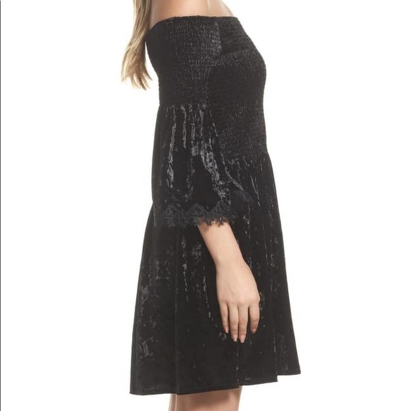 Kobi Halperin Strapless Smocked Crushed Velvet Black Lace Sleeve Dress Small NWT - Picture 14 of 17